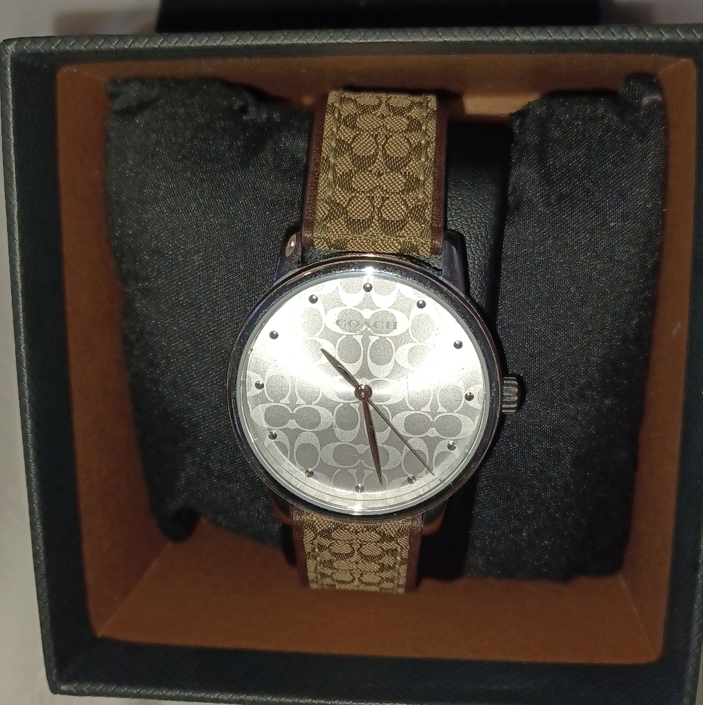 Coach Silver Dial Watch with Tan Strap